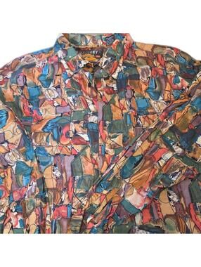 Balcony vintage 90s Rayon shirt large button down l/sleeve Abstract  print Sz M